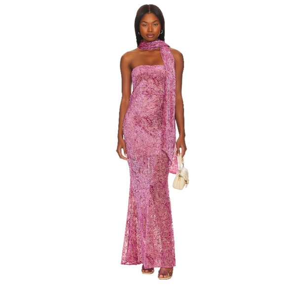 For Love & Lemons Francesca Maxi Dress Pink Jacquard Velvet Paisley Strapless Ba - Picture 1 of 11